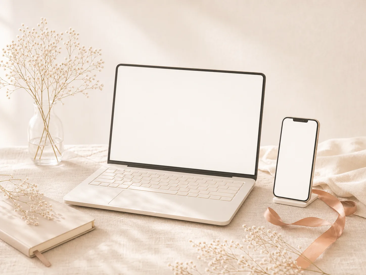 白いノートパソコンとスマートフォンの淡い制作見本